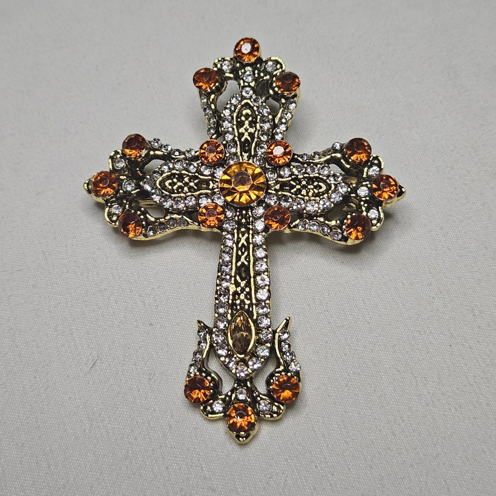 Cross Brooch Womens OS Gold Amber Rhinestone Gothic Victorian Pin
